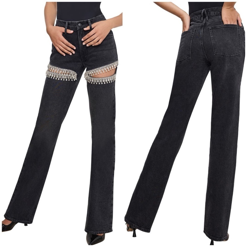 NWT Good American Good Icon Crystal Embellished Cutout Straight Leg Jeans Sz 15